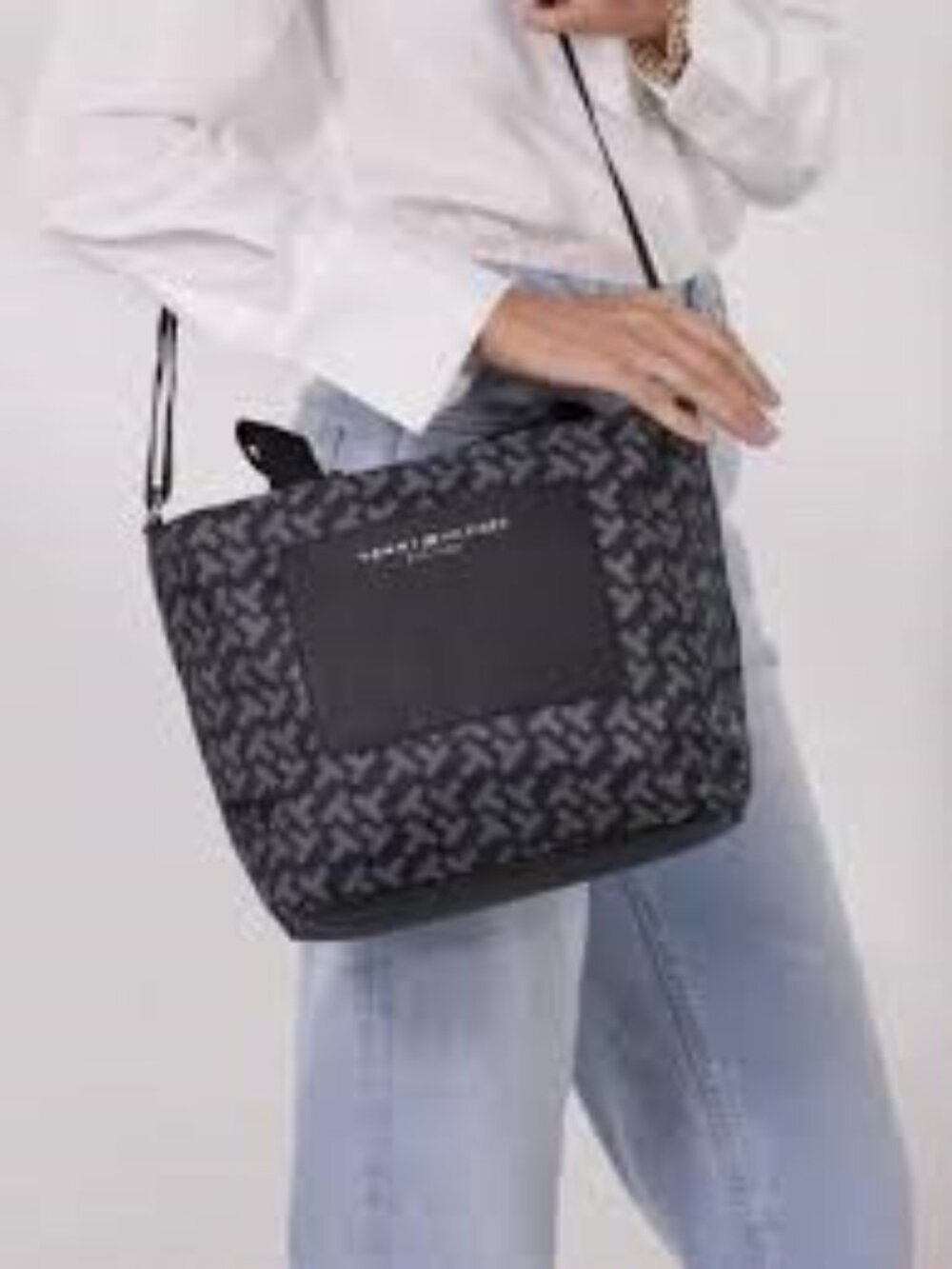 Tommy Hilfiger logo print structured bag nylon body, pocketed, gold tone detail